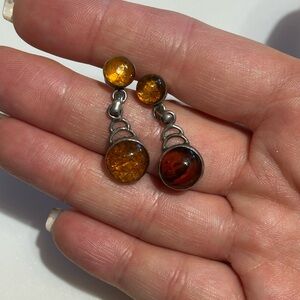Sterling Silver Earrings Amber Toned Stone